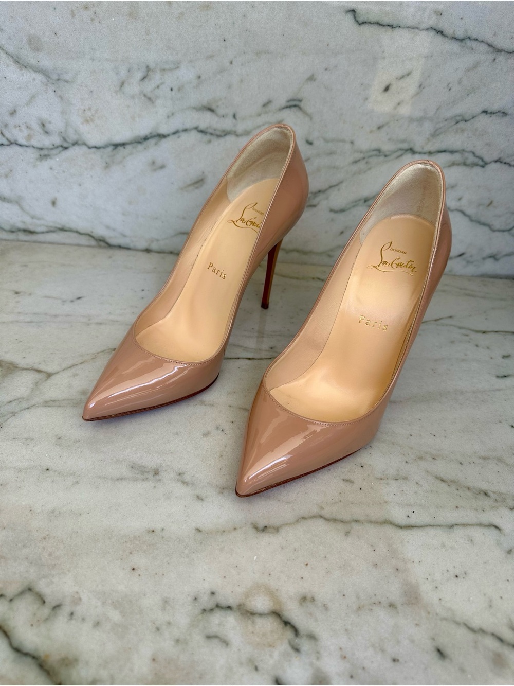 Christian Louboutin Pigalle Follies 100 Nude Patent Red Bottom Heels - Picture 3 of 11